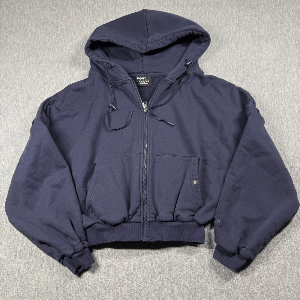 POPFLEX Sweatshirt Womens XXS/XS Blue Cropped Zip Up Fleece Hoodie Y2K